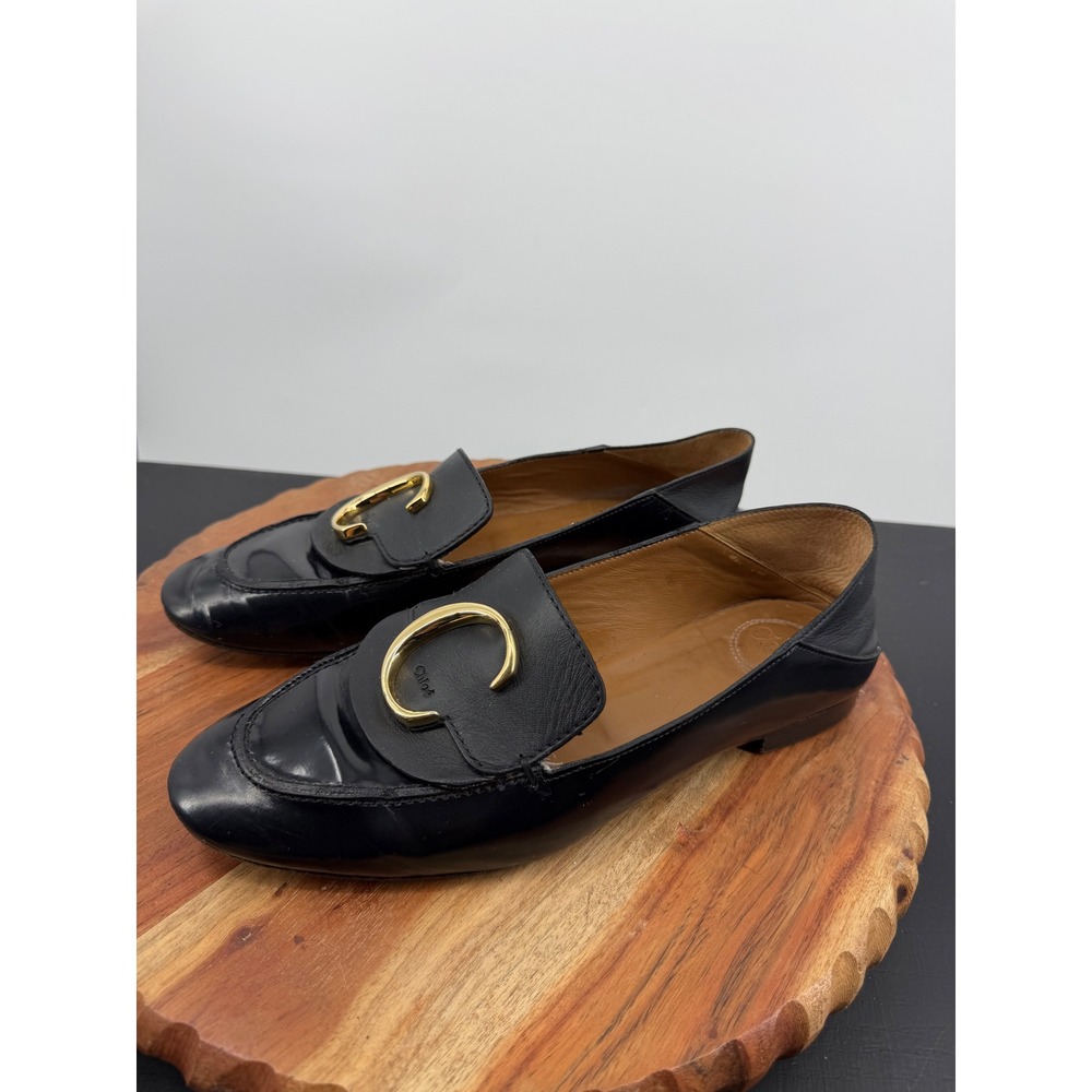 Chloe C Logo Leather flat Loafers Women 39 Black Gold Hardware Collapsible Heel